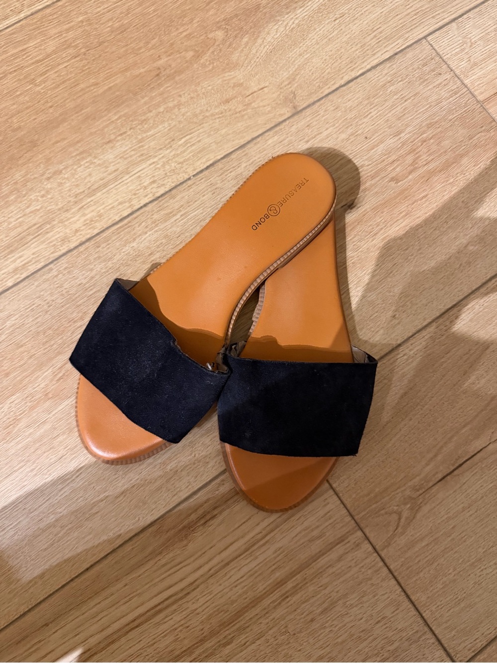 Treasure & Bond Black Suede Slide Sandals with Tan Footbed